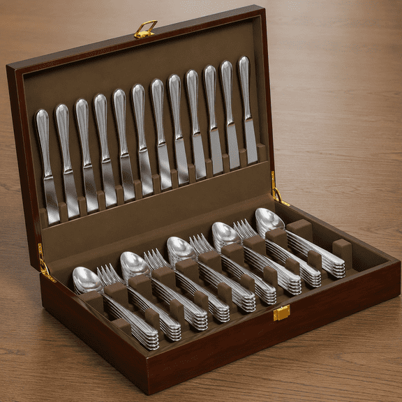 Walnut Wood Silverware Storage Box, Silverware Case Flatware Chest with Felt Lined, Flatware Storage Box for 12 sets of Utensils, Silverware Chest without Silverware, Silverware Organizer with Lid