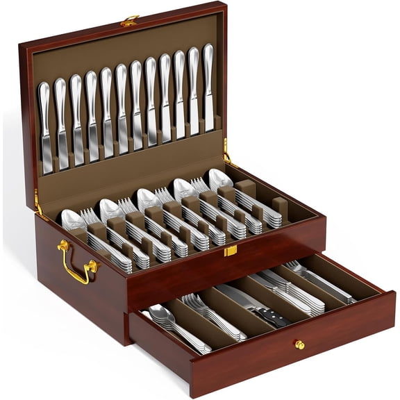 Walnut Wood Silverware Storage Box,Silverware Case Flatware Chest with Felt Lined,Flatware Storage Box for 12 sets of Utensils,Silverware Chest without Silverware,Silverware Organizer with Lid