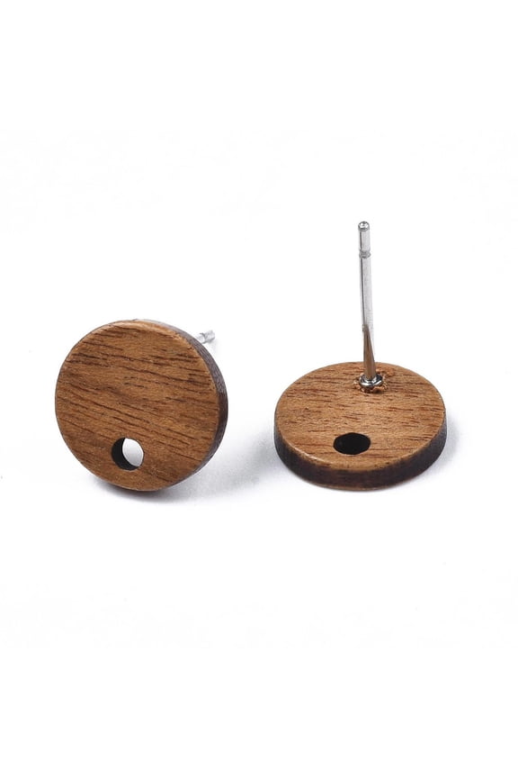 Walnut Wood Stud Earring Findings with 304 Stainless Steel Pin Flat Round 10mm Hole: 2mm Pin: 0.7mm