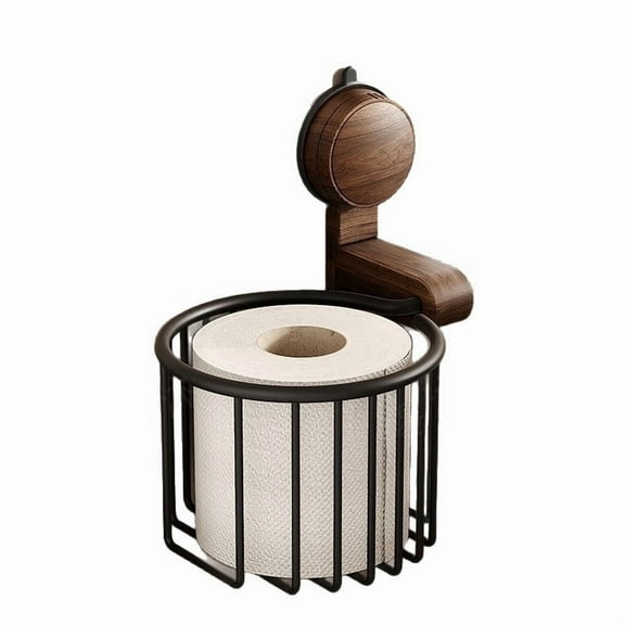 Walnut Wood Suction Cup Bathroom Shelf | Non-Perforated Wall Mount Toilet Tissue Basket | Space-Saving Toilet Paper Holder Organizer Rack | No-Drill | Sturdy Storage | 1 Pack