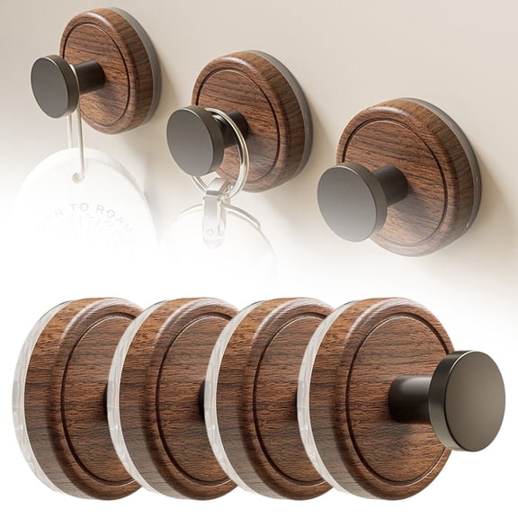 Walnut Wood Suction Cup Hooks, No-Drill 4-Pack, Twist-Lock Strong Vacuum, for Glass, Tile, Mirror, Stainless Steel, Towel & Coat Hook for Bathroom, Kitchen, Brown, By Harlik