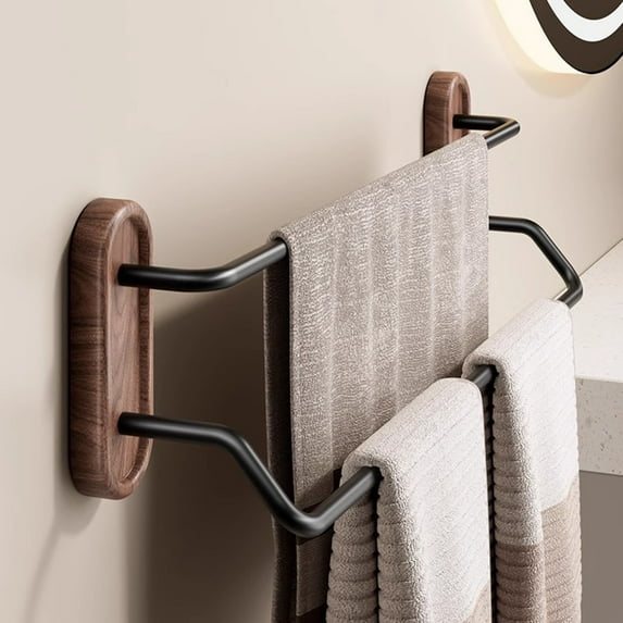 Walnut Wood Towel Rack | No-Drill Bathroom Organizer | Black Aluminum Wall-Mounted Towel Shelf Hanger | Non-Damaging Installation | 38x12x9.2cm | Modern Home Bath Accessory