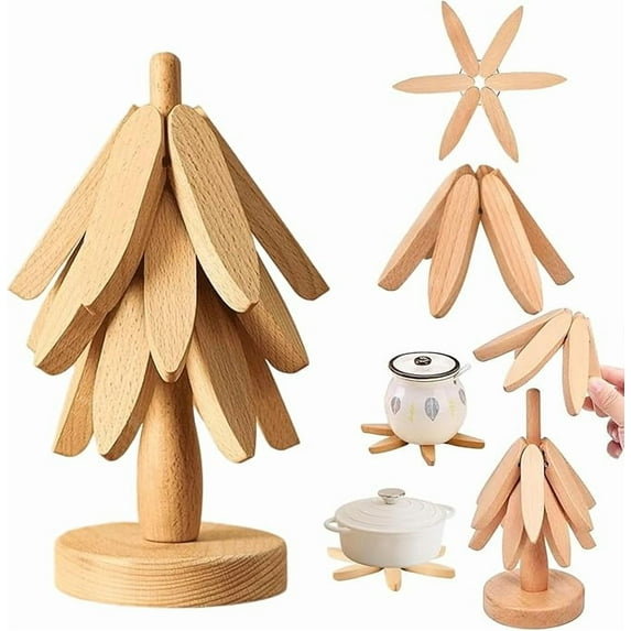 Walnut Wood Tree Trivet Set, 3 Wooden Trivets & 1 Stand Like a Christmas Tree Wooden Trivet Set, Foldable Kitchen WoodenTrivet,for Hot Dishes Pot Bowl Teapot Hot Pot Holder