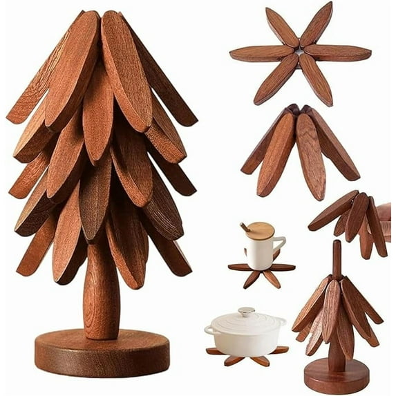 Walnut Wood Tree Trivet Set, 5 Wooden Trivets & 1 Stand Like a Christmas Tree Wooden Trivet Set, Foldable Kitchen WoodenTrivet,for Hot Dishes Pot Bowl Teapot Hot Pot Holder