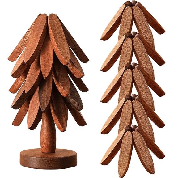Walnut Wood Tree Trivet Set, Natural Tree Trivet Set,2/3/4 Wooden Trivets & 1 Stand Like a Christmas Tree , Foldable Kitchen Wooden,for Hot Dishes Pot Bowl Teapot Hot Pot Holder
