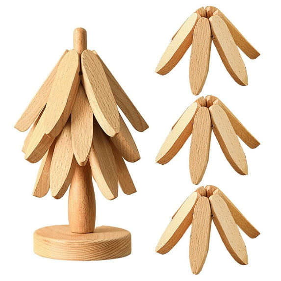 Walnut Wood Tree Trivet Set, Natural Tree Trivet Set - 3 Wooden Trivets & 1 Stand Like a Christmas, Foldable Kitchen Wooden,for Hotdishes Pot Bowl Teapot Hot Pot Holder (White)
