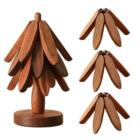 Walnut Wood Tree Trivet Set, Natural Tree Trivet Set - 3 Wooden Trivets & 1 Stand Like a Christmas, Foldable Kitchen Wooden,for Hotdishes Pot Bowl Teapot Hot Pot Holder (Brown)