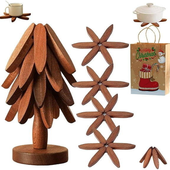 Walnut Wood Tree Trivet Set, Natural Tree Trivet Set - 4 Wooden Trivets & 1 Stand Like a Christmas, Foldable Kitchen Wooden,for Hotdishes Pot Bowl Teapot Hot Pot Holder (Brown)