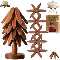Walnut Wood Tree Trivet Set, Natural Tree Trivet Set - 5 Wooden Trivets & 1 Stand Like a Christmas, Foldable Kitchen Wooden,for Hotdishes Pot Bowl Teapot Hot Pot Holder (Brown)