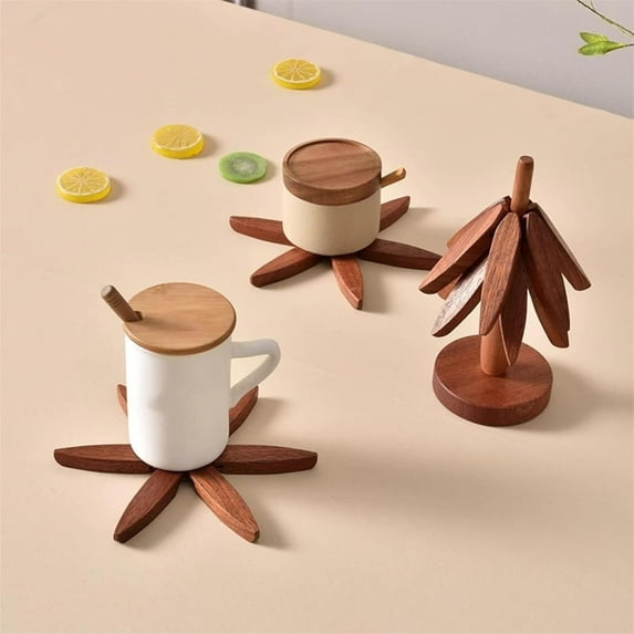 Walnut Wood Tree Trivet Set, Natural Tree Trivet Set, Christmas Tree Shaped, Foldable Kitchen Wooden,for Hotdishes Pot Bowl Teapot Holder Wood/5PC