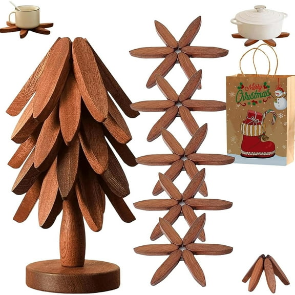 Walnut Wood Tree Trivet Set,Wooden Trivets Natural Tree Trivet,1 Stand Like a Christmas,Foldable Kitchen Wooden,for Hotdishes Pot Bowl Teapot Hot Pot Holder,Household Circular Dining Table Mat