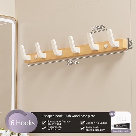 Walnut Wood Wall Mounted Coat Hook Rack, 6 Double Hooks Heavy Duty Clothes Hanger, No-Drill Storage Organizer for Entryway Bedroom Bathroom & Household Hat Coat Storage