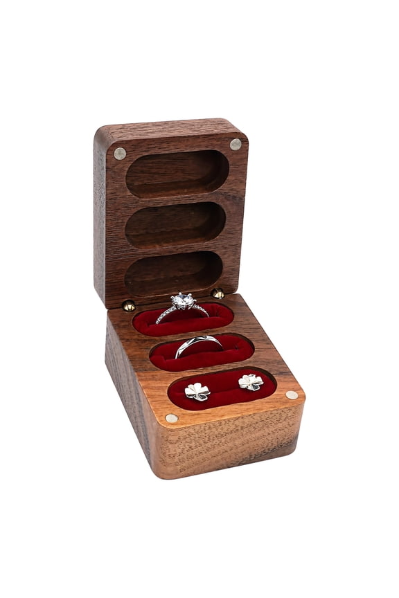 Walnut Wood Wedding Ring Box, 3 Slot Jewelry Storage for Engagement Rings, Red Velvet Lining, Great for Wedding Ceremonies and Proposals, Quality Craftsmanship