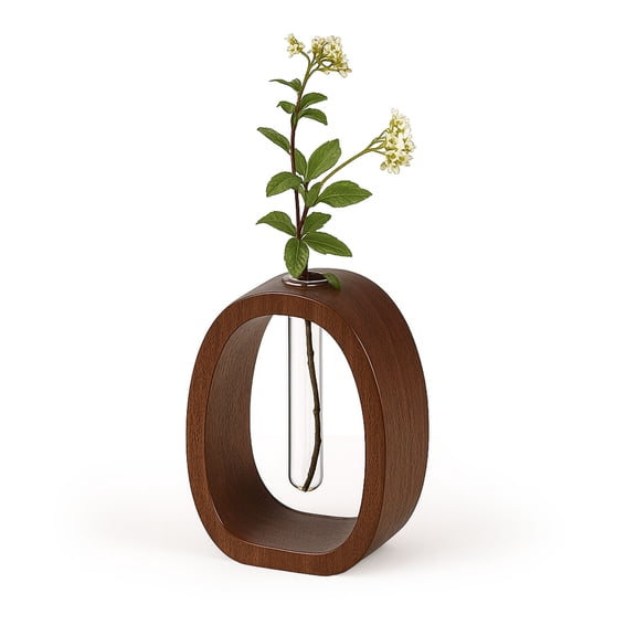 Walnut Wood and Glass Flower Vase Solid Wood Glass Vase Test Tube Vases for Flowers Wooden Hydroponic Flower Pot for Home and Office Desktop Decor