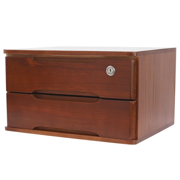 Walnut Wooden 2-Tier Desktop Storage Box with Locking Drawers and Anti-Slip Pads, Space-Saving Solution for Office and Home