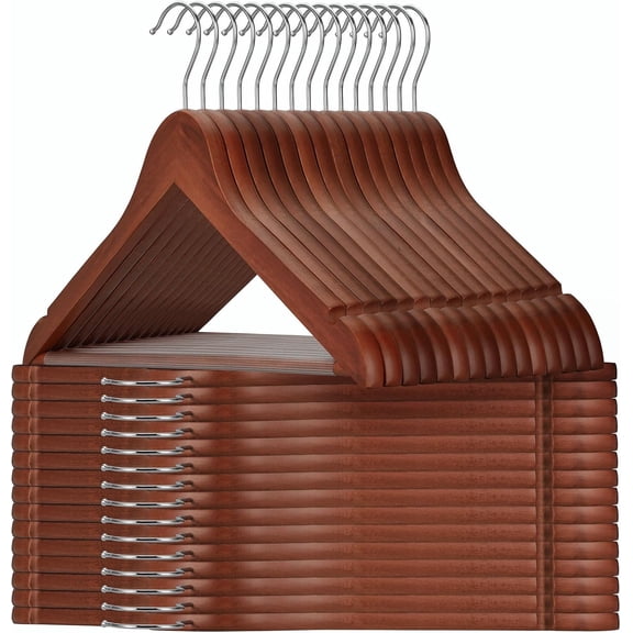 Walnut Wooden Clothes Hangers 30 Pack with Rotatable Hook, Non-Slip Pants Bar and Shoulder Notches