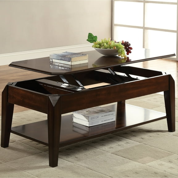 Walnut Wooden Coffee Table With Lift Top, Storage Compartments And Display Shelf Effortless