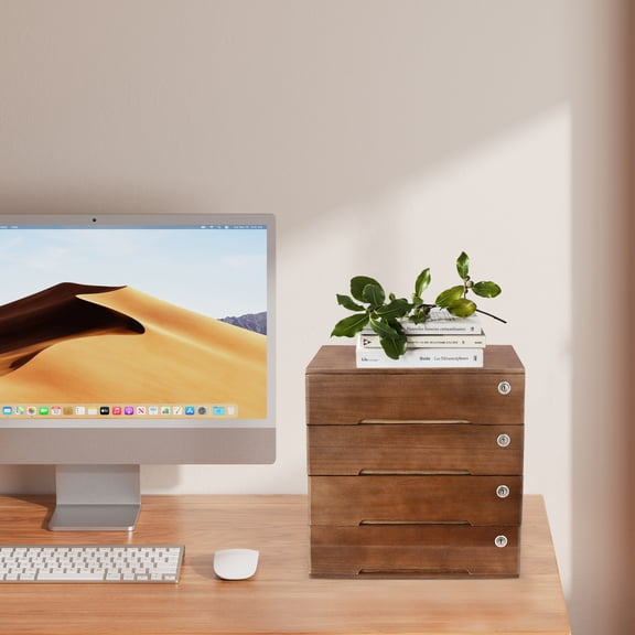 Walnut Wooden Desktop Storage Box with Lockable Drawers, Office Supplies File Organizer, Flat File Cabinet