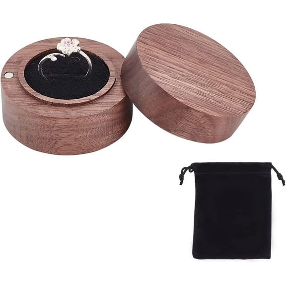 Walnut Wooden Engagement Ring Box 2.1x1.4inch Black Velvet Lining Round Magnetic Buckle Design Jewelry Wood for Proposal Wedding Storage（Come with a Bag） (CON-WH0087-59A-US18) for DIY