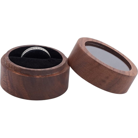 Walnut Wooden Ring Box 2x1.4inch Round Wooden Jewelry Ring Box with Clear Window Small Column Rings Box with One Slots Black Velvet for Proposal Engagement Birthday Wedding Ceremony for DIY