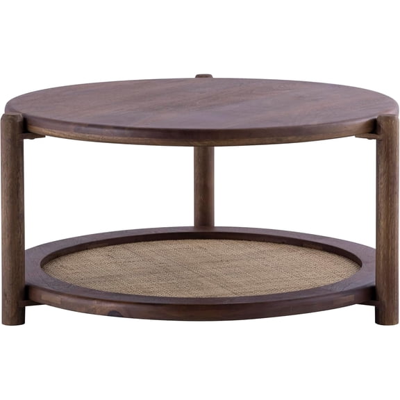 Walnut and Cane Coffee Table 26 Round 2-Tier Accent Table Rustic Boho Minimalist Wooden Coffee Table for Living Room, Bedroom, and Small Spaces