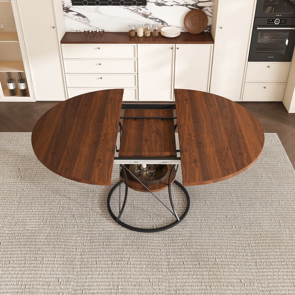 Walnut+black Walnut Marble Round Dining Table - 43.31 in to 59 in Extendable with Storage Shelf & Metal Base for Kitchen Dini