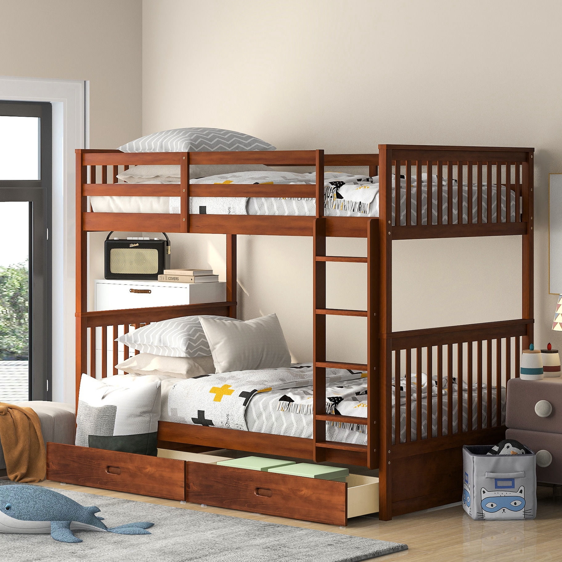 Walnut bunk bed with solid construction and storage drawers