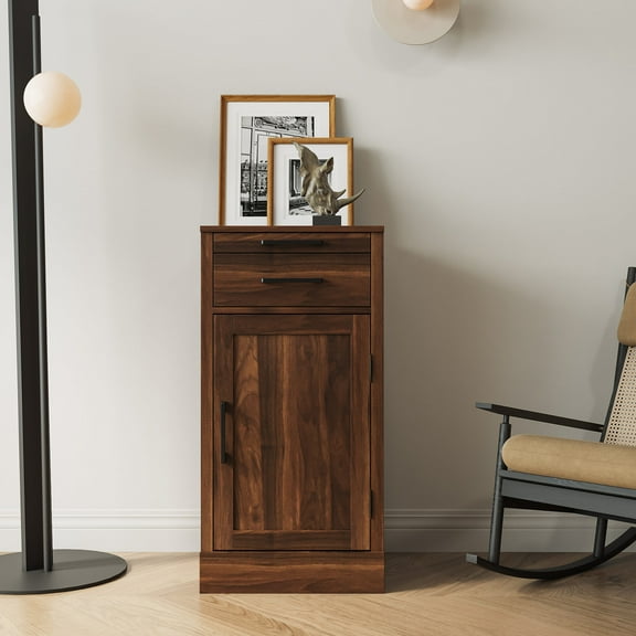 Walnut - colored wine cabinet for dining area with drawer and cupboard for storage