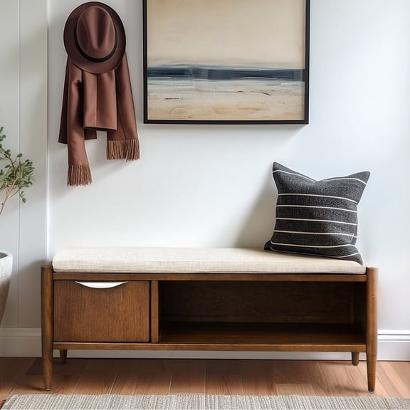 Walnut - finished wood frame bench / Provides concealed and open storage