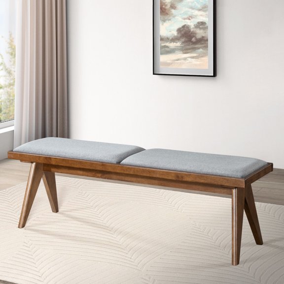 Walnut legs, grey fabric mid-century bench - Works well in different home spaces, adds a touch of charm