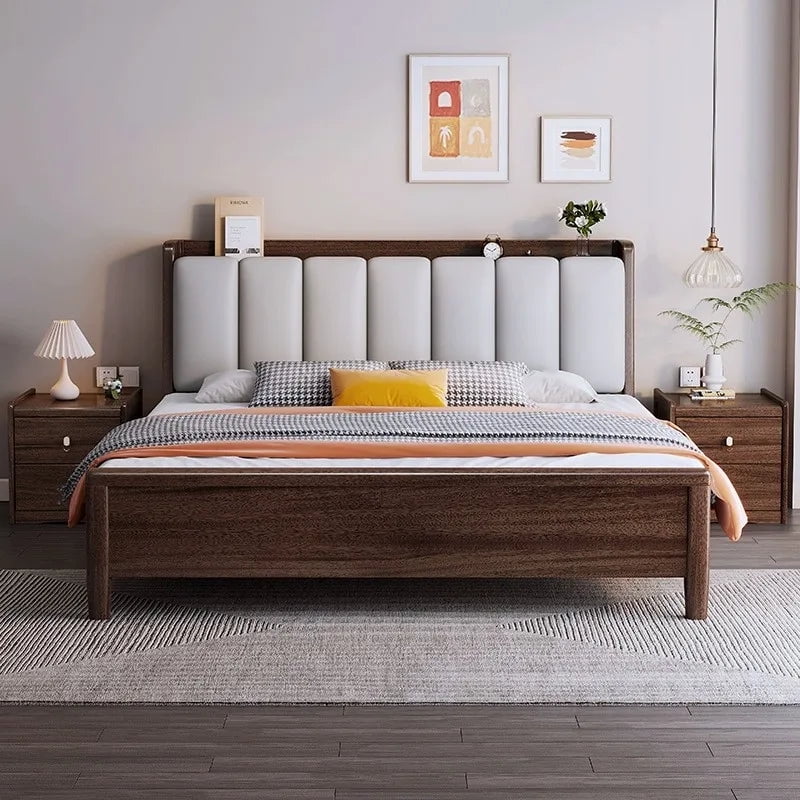 Walnut new Chinese style solid wood bed 1.8m modern simple soft double bed multifunctional high box storage bed. Walmart