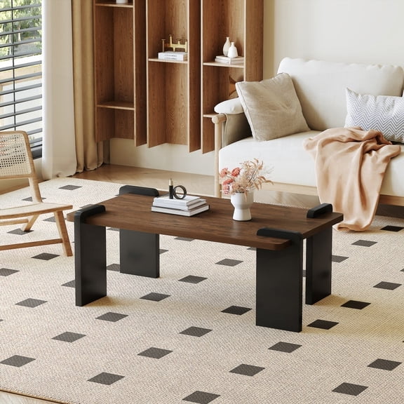Walnut-toned MDF coffee table, 39.3*23.6*17.7inches, modern living room piece with stable MDF legs and unique design.