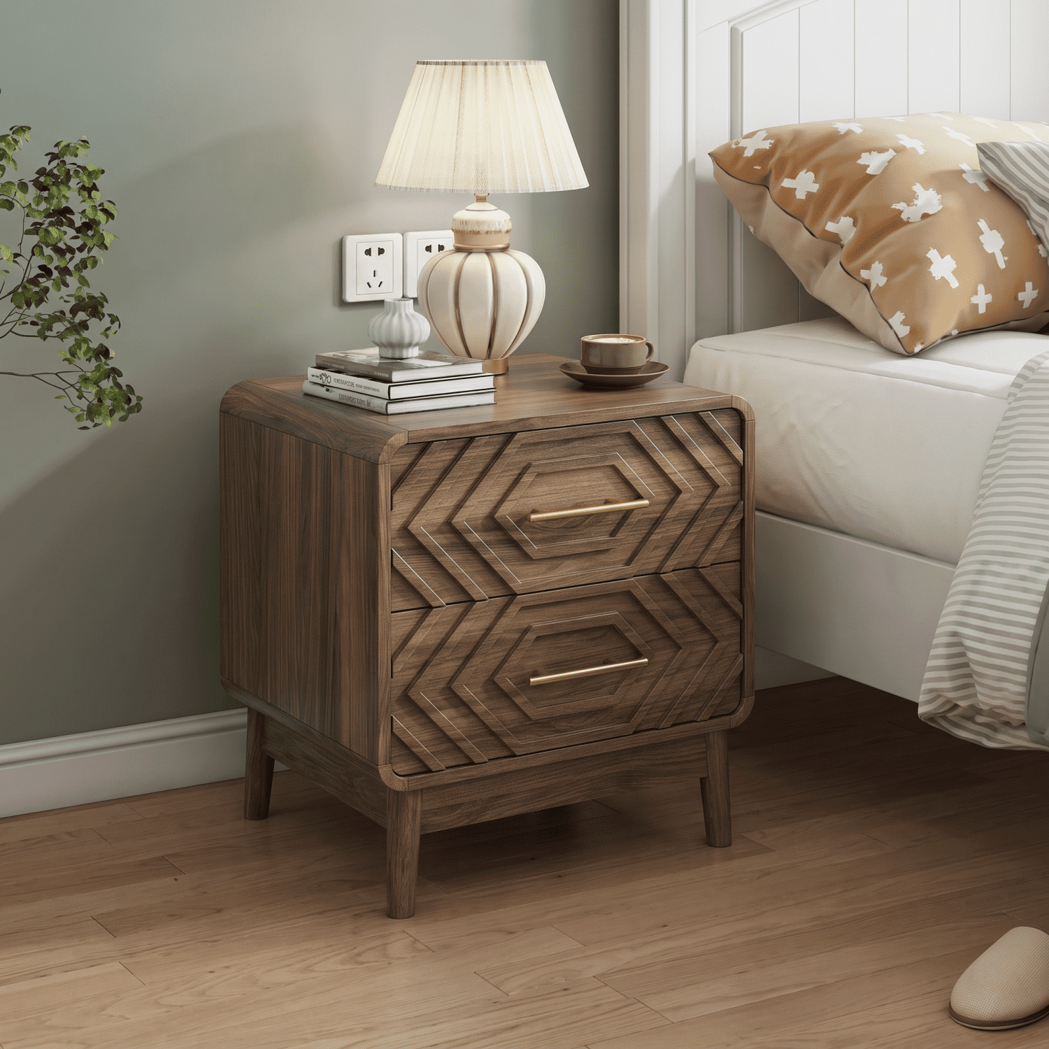 Walnut wood bedside table, double drawer bedside table with solid wood legs and gold metal handles, rounded corner end table suitable for bedroom.