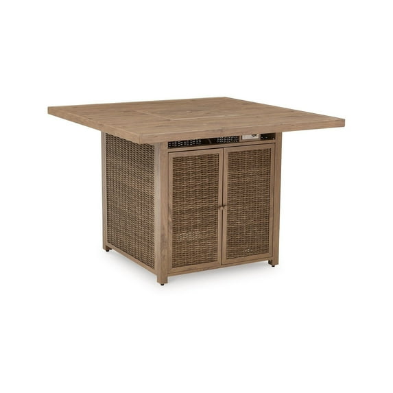 Walo Outdoor Fire Pit Bar Table, 56 Inch Square, Brown Rattan Wicker