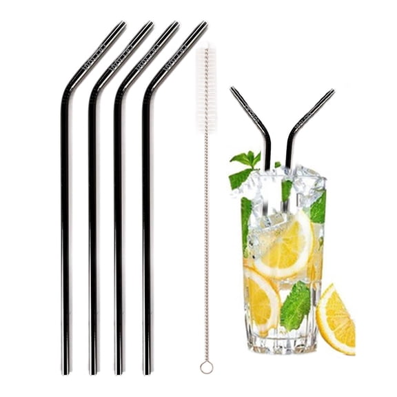 Waloo 5-Piece Stainless Steel Reusable Drinking Straw Set — 1 Pack of 4 Bent Black Straws + 1 Cleaning Brush