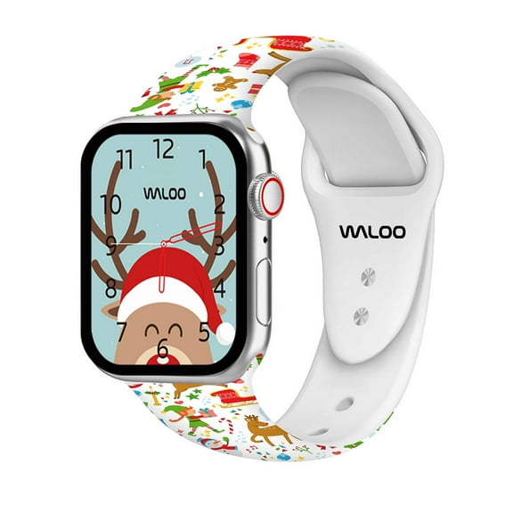 Waloo Christmas/Holiday Fun Printed Silicone Replacement Band Compatible With Your Apple Watch Fully Adjustable with Pin & Tuck Closure (42/44/45/49mm - Cream Reindeer)