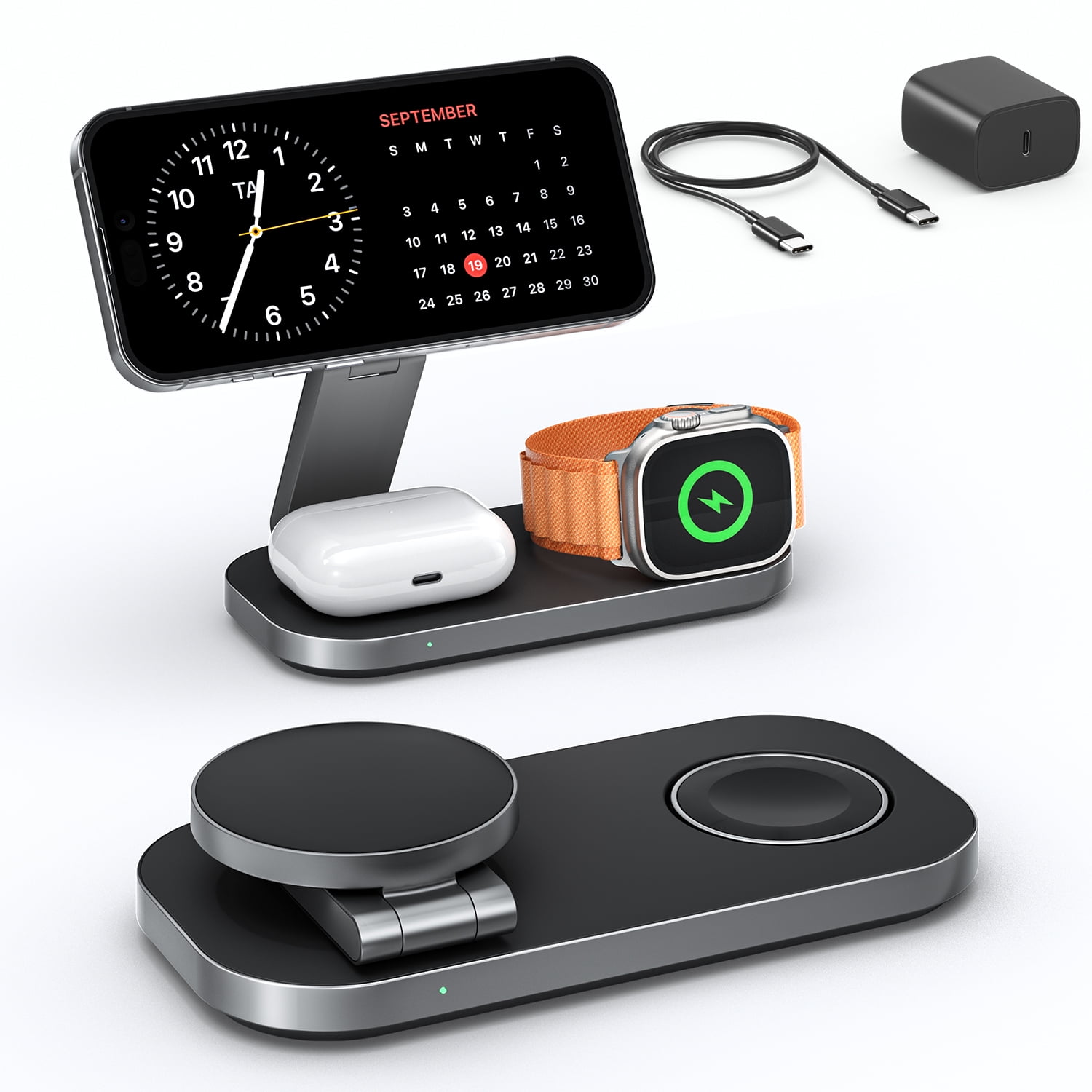 Waloo Foldable 3 in 1 Wireless Charging Station for Apple Magsafe Charger Stand, for iPhone 17 Air 16 15 14 13 12 Series, Airpods Pro ,Apple Watch