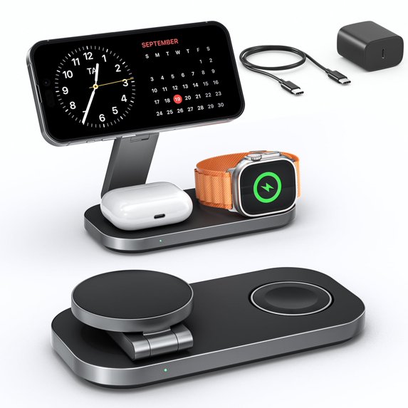 Waloo Foldable 3 in 1 Wireless Charger Stand for Apple Magsafe, iPhone 17‑12 Series, AirPods Pro, Apple Watch