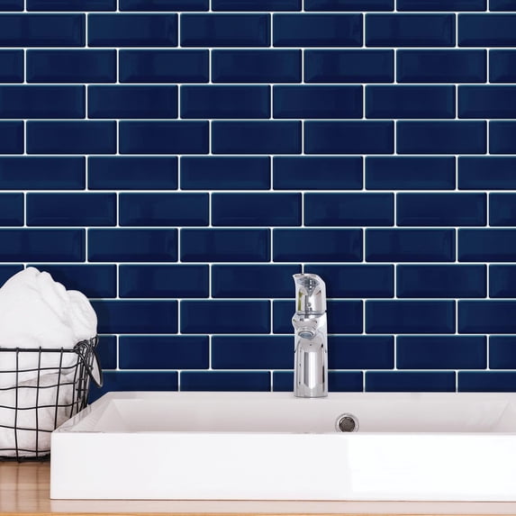 Walplus 12" x 6" 12 sheets Peel and Stick Tile Backsplash for Kitchen Bathroom Decor Kitchen Decor Deep Blue Glossy