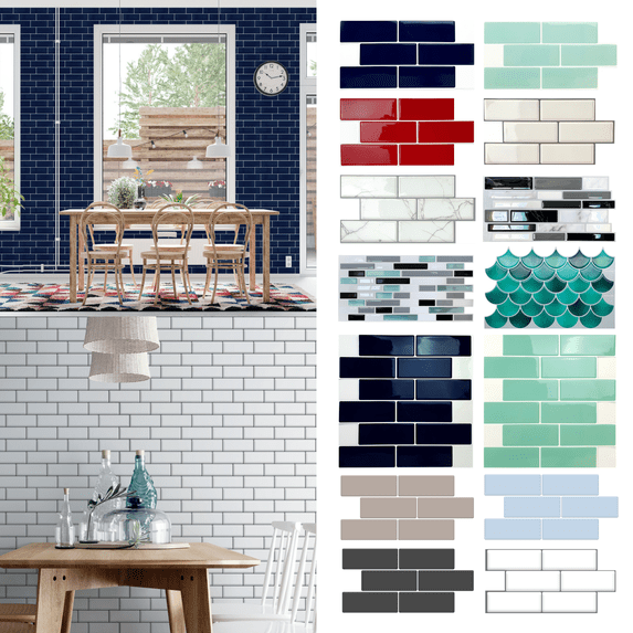Walplus 12" x 6" 12 sheets Peel and Stick Tile Backsplash for Kitchen Bathroom Kitchen Decor Serenity Light Blue Glossy