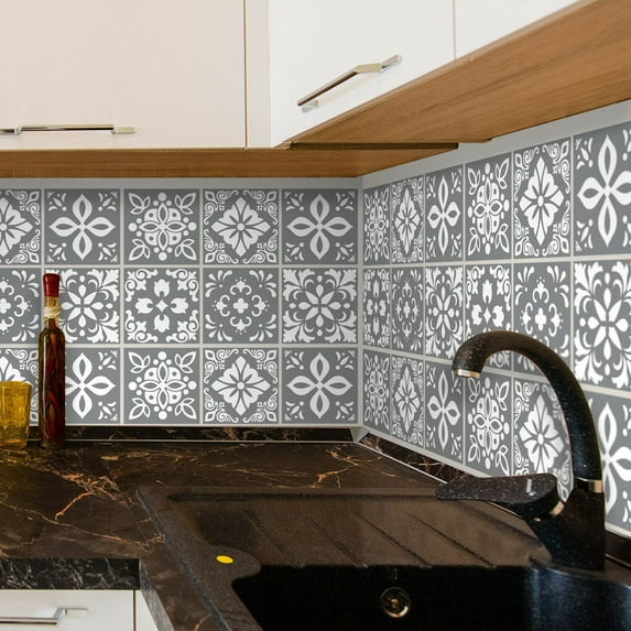 Walplus 6" 120pcs Banc's Dark Grey Cement Spanish Wall Tile Sticker Set Easy Peel and Stick PVC Wall Self Adhesive Removable Mosaic Decal Tile Sticker Kitchen Bathroom