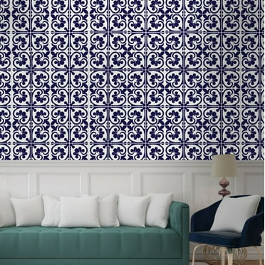 Walplus Peel and Stick Backsplash Betsy Monocromatic Dark Blue Victorian Wall Tile Decals 72 Pcs 6" x 6"