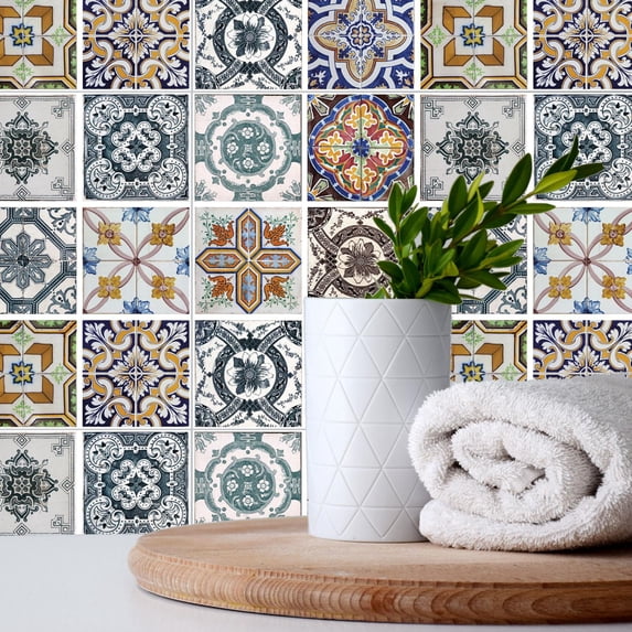 Walplus Peel and Stick Backsplash Corfu Colourful Mediterranean Wall Tile Decals 96 Pcs 6" x 6"