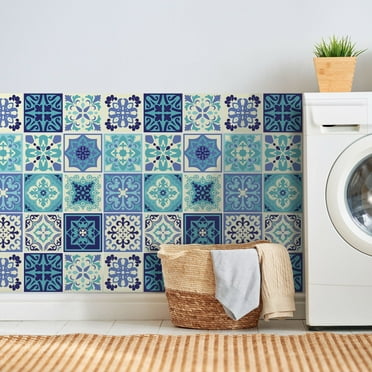 Walplus Peel and Stick Backsplash Daliah Blue Turquoise Mediterranean Wall Tile Decals 48 Pcs 6" x 6"