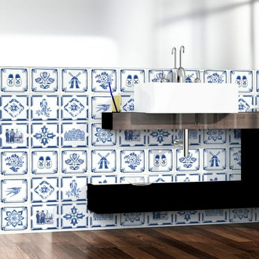 Walplus Peel and Stick Backsplash Dutch Blue Wall Tile Decals 48 Pcs 6" x 6"