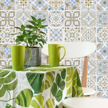 Walplus Peel and Stick Backsplash Light Sapphire and Parchment Traditional Spanish Wall Tile Decals 48 Pcs 6" x 6"
