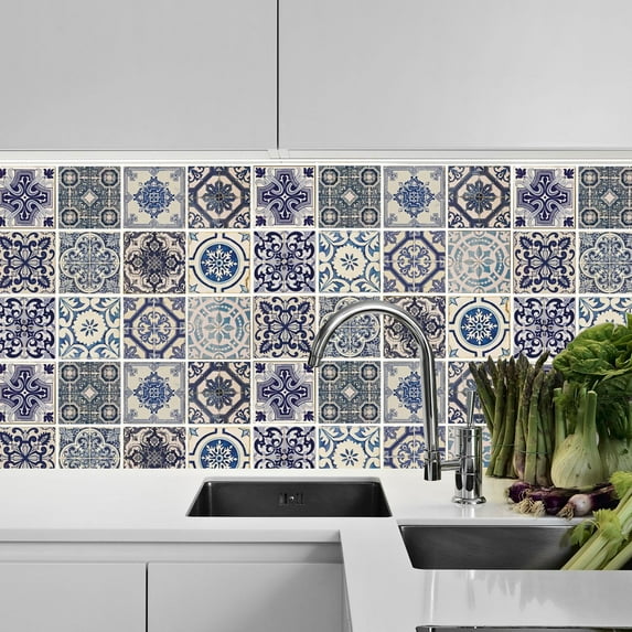 Walplus Peel and Stick Backsplash Malaga Spanish Blue Wall Tile Decals 96 Pcs 6" x 6"