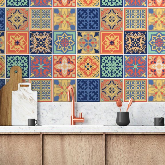 Walplus Peel and Stick Backsplash Mara Colourful Mix Mediterranean Wall Tile Decals 24 Pcs 6" x 6"
