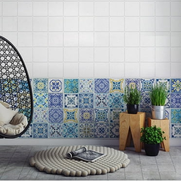 Walplus Peel and Stick Backsplash Mediterranean Skye Classic Blue Mosaic Wall Tile Decals 48 Pcs 4" x 4"
