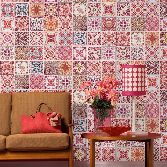 Walplus Peel and Stick Backsplash Moroccan Rose Red Mosaic Wall Tile Decals 12 Pcs 8" x 8"